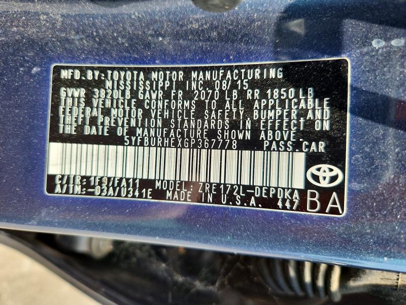 Aukcja sprzedaży 2016 Toyota Corolla, vin: 5YFBURHEXGP367778, numer aukcji: 62602986