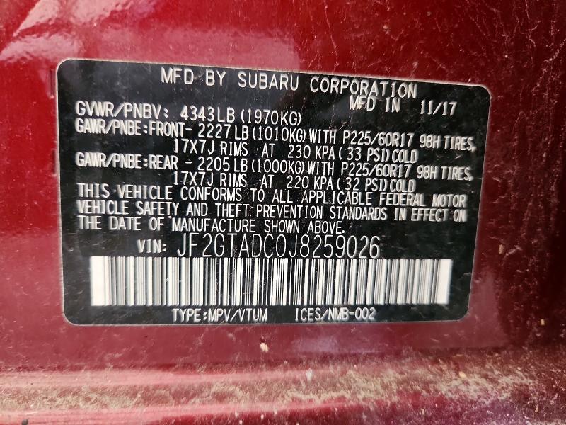 Aukcja sprzedaży 2018 Subaru Crosstrek, vin: JF2GTADC0J8259026, numer aukcji: 60222696