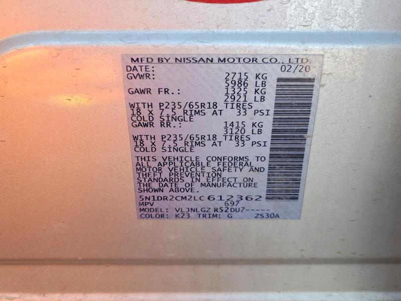 Aukcja sprzedaży 2020 Nissan Pathfinder, vin: 5N1DR2CM2LC612362, numer aukcji: 61744576