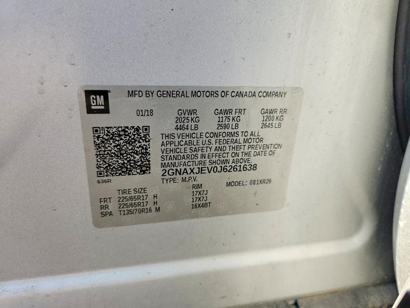 62463946 :رقم المزاد ، 2GNAXJEV0J6261638 vin ، 2018 Chevrolet Equinox مزاد بيع