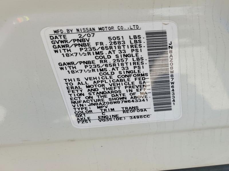 Продажа на аукционе авто 2007 Nissan Murano, vin: JN8AZ08W87W643341, номер лота: 62535106