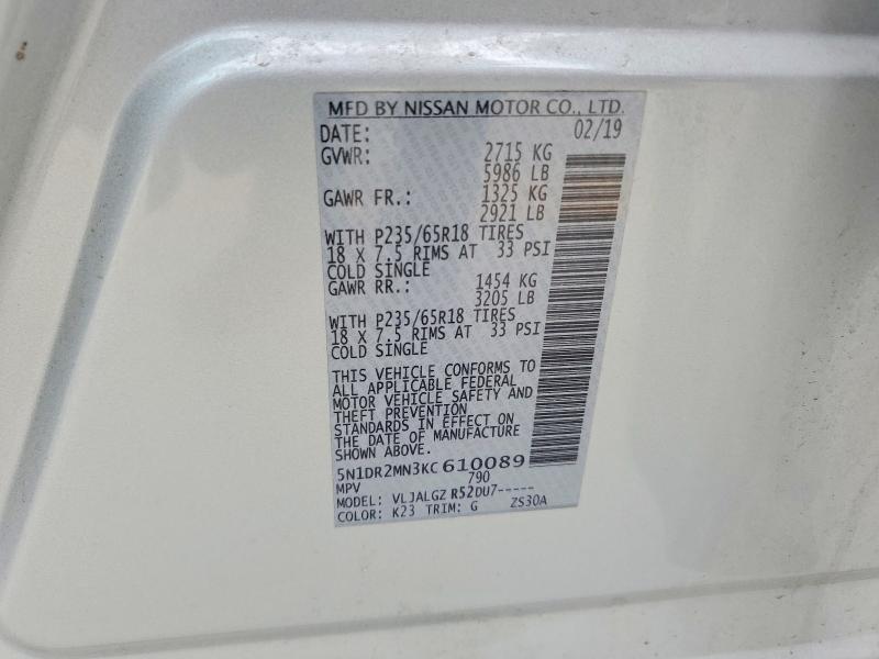 2019 Nissan Pathfinder მანქანა იყიდება აუქციონზე, vin: 5N1DR2MN3KC610089, აუქციონის ნომერი: 59965006