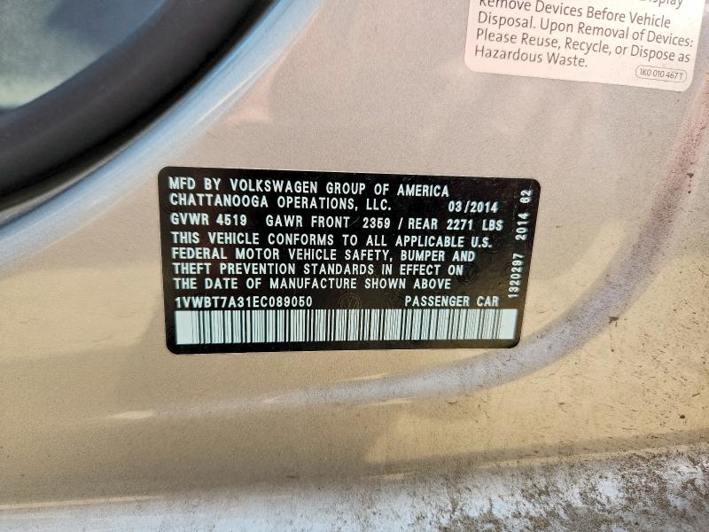 Продаж на аукціоні авто 2014 Volkswagen Passat, vin: 1VWBT7A31EC089050, номер лоту: 62089486
