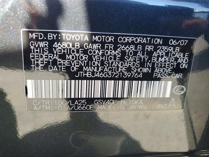Продаж на аукціоні авто 2007 Lexus Es, vin: JTHBJ46G372139764, номер лоту: 62643696