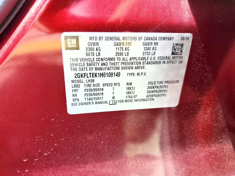 Aukcja sprzedaży 2017 Gmc Terrain, vin: 2GKFLTEK1H6109149, numer aukcji: 63124736