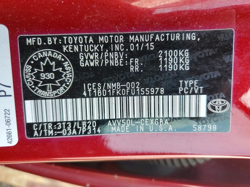 Aukcja sprzedaży 2015 Toyota Camry Hybrid, vin: 4T1BD1FK0FU155978, numer aukcji: 60969886