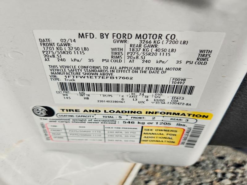 62485086 :رقم المزاد ، 1FTFW1ET7EFB17662 vin ، 2014 Ford F150 مزاد بيع