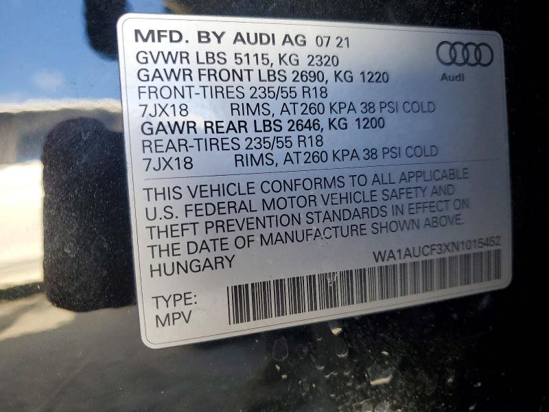Продаж на аукціоні авто 2022 Audi Q3, vin: WA1AUCF3XN1015452, номер лоту: 59615946