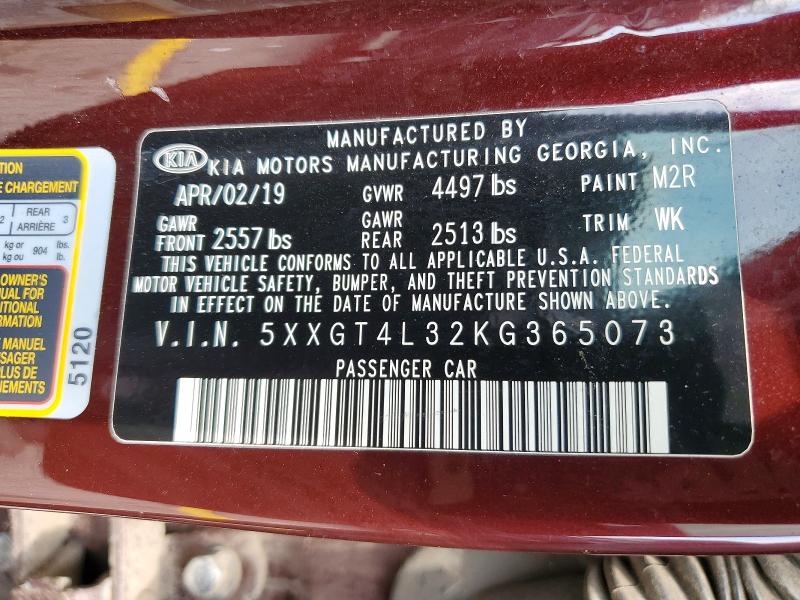 2019 Kia Optima მანქანა იყიდება აუქციონზე, vin: 5XXGT4L32KG365073, აუქციონის ნომერი: 59367756