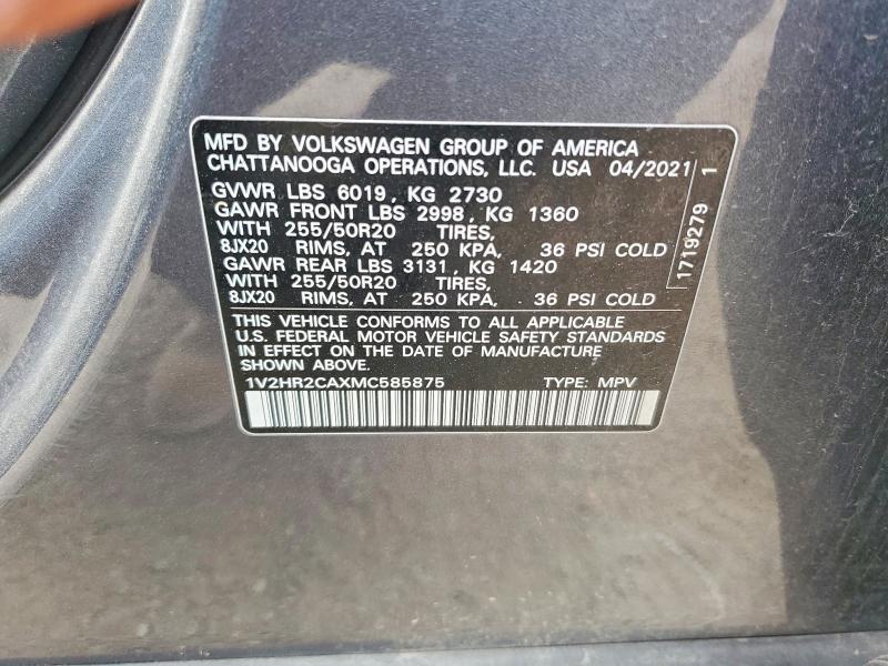2021 Volkswagen Atlas მანქანა იყიდება აუქციონზე, vin: 1V2HR2CAXMC585875, აუქციონის ნომერი: 58810996
