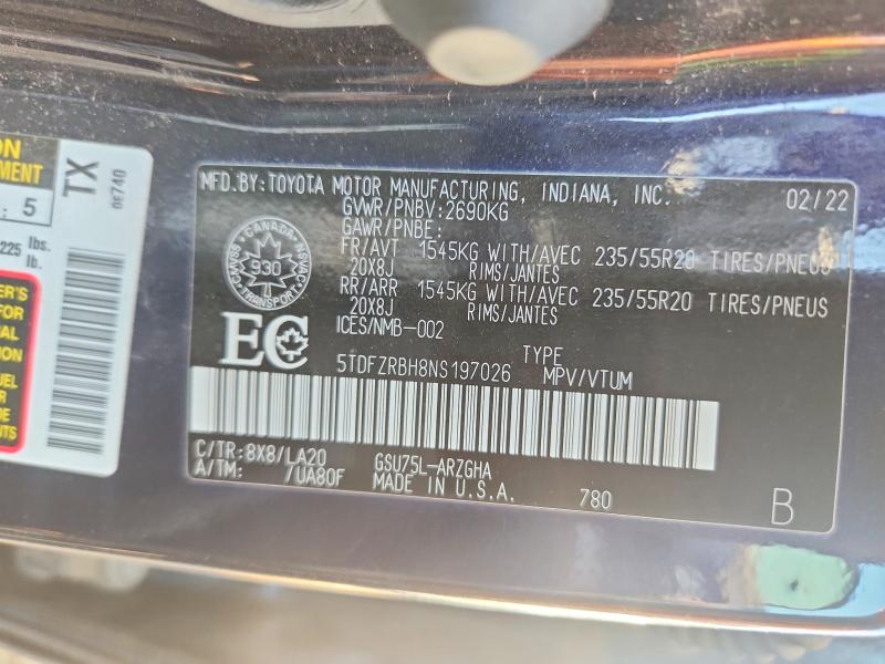 Aukcja sprzedaży 2022 Toyota Highlander, vin: 5TDFZRBH8NS197026, numer aukcji: 61696566