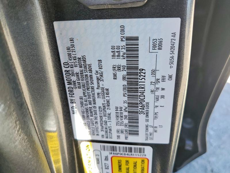 Продажа на аукционе авто 2020 Ford Fusion, vin: 3FA6P0CD4LR115229, номер лота: 59644026
