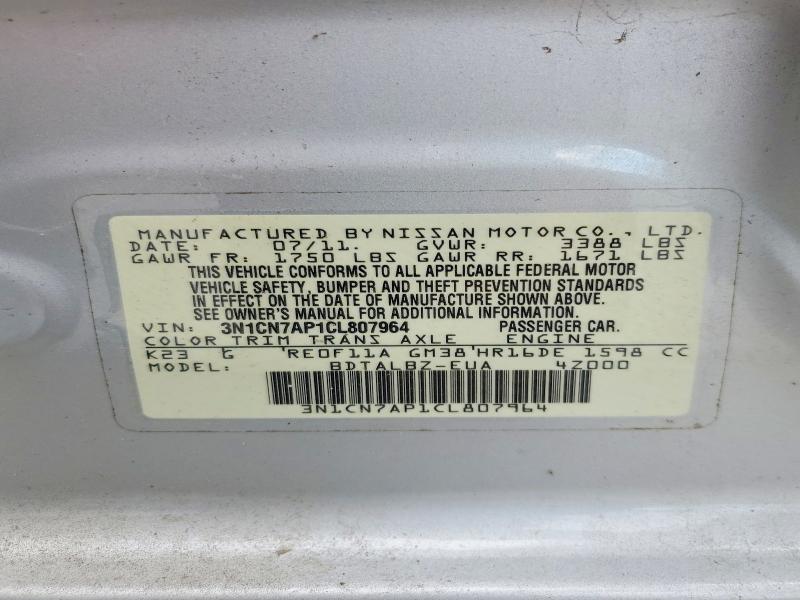 Aukcja sprzedaży 2012 Nissan Versa, vin: 3N1CN7AP1CL807964, numer aukcji: 61505736