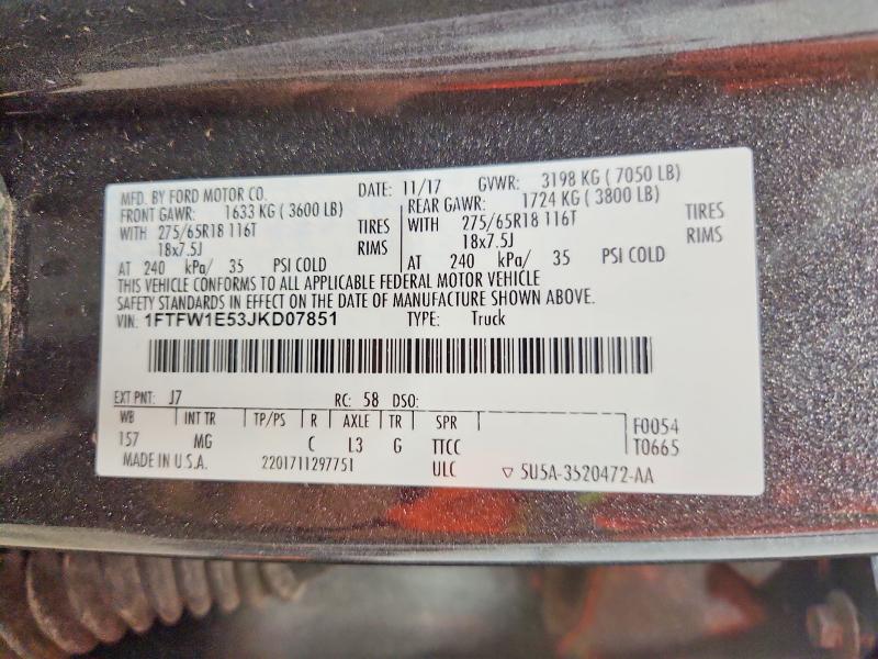 61944706 :رقم المزاد ، 1FTFW1E53JKD07851 vin ، 2018 Ford F150 مزاد بيع