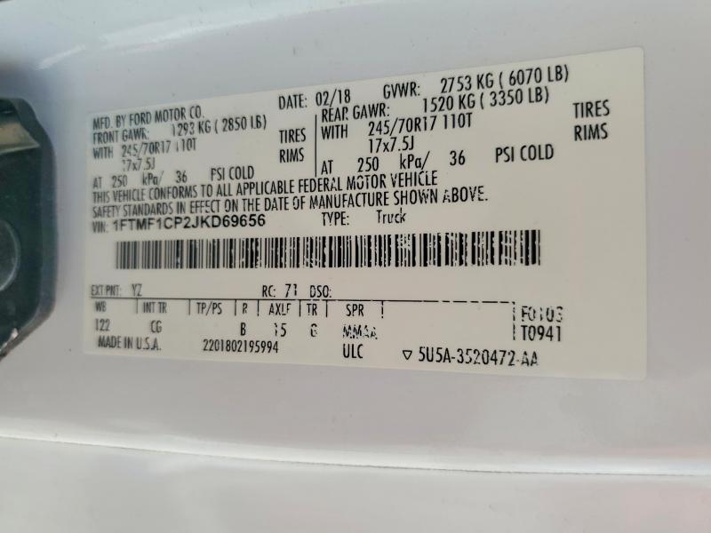 2018 Ford F150 მანქანა იყიდება აუქციონზე, vin: 1FTMF1CP2JKD69656, აუქციონის ნომერი: 61017356
