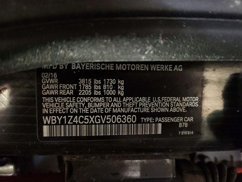 Продажа на аукционе авто 2016 Bmw I3, vin: WBY1Z4C5XGV506360, номер лота: 60276326