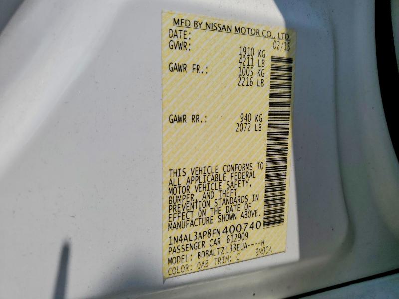 2015 Nissan Altima მანქანა იყიდება აუქციონზე, vin: 1N4AL3AP8FN400740, აუქციონის ნომერი: 60795096