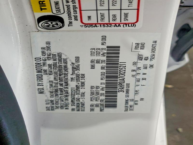 2012 Ford Fusion მანქანა იყიდება აუქციონზე, vin: 3FAHP0JA7CR225211, აუქციონის ნომერი: 59344926