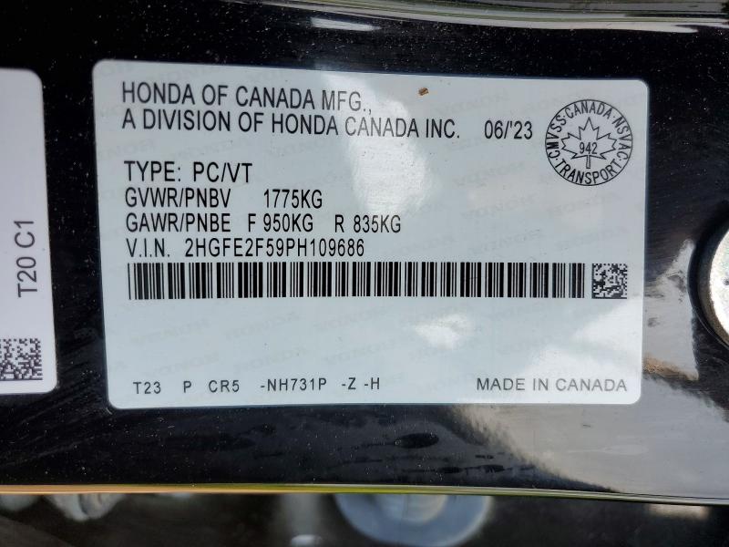 59233136 :رقم المزاد ، 2HGFE2F59PH109686 vin ، 2023 Honda Civic مزاد بيع