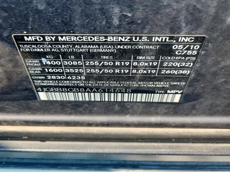 2010 Mercedes-benz Ml მანქანა იყიდება აუქციონზე, vin: 4JGBB8GB8AA614648, აუქციონის ნომერი: 61336516