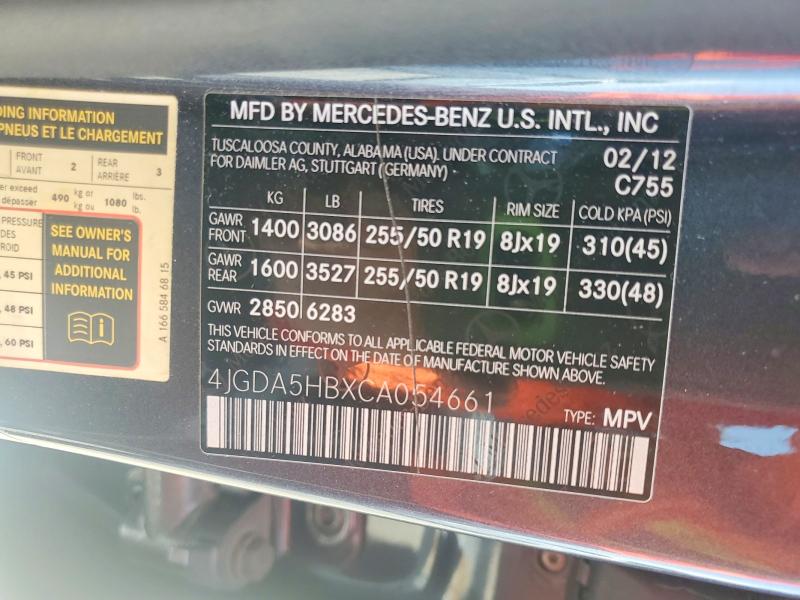 61518026 :رقم المزاد ، 4JGDA5HBXCA054661 vin ، 2012 Mercedes-benz Ml مزاد بيع