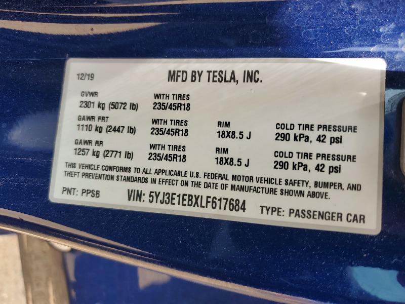 Aukcja sprzedaży 2020 Tesla Model 3, vin: 5YJ3E1EBXLF617684, numer aukcji: 61370446