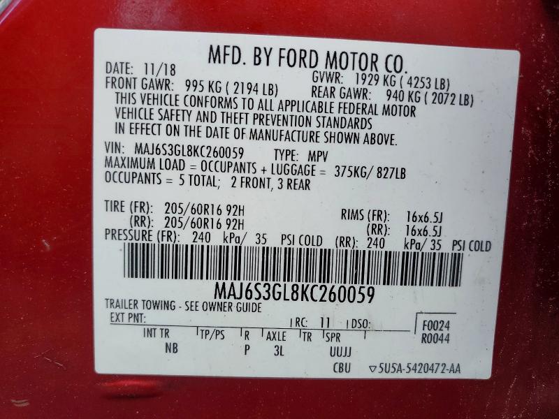 Продажа на аукционе авто 2019 Ford Ecosport, vin: MAJ6S3GL8KC260059, номер лота: 46274116
