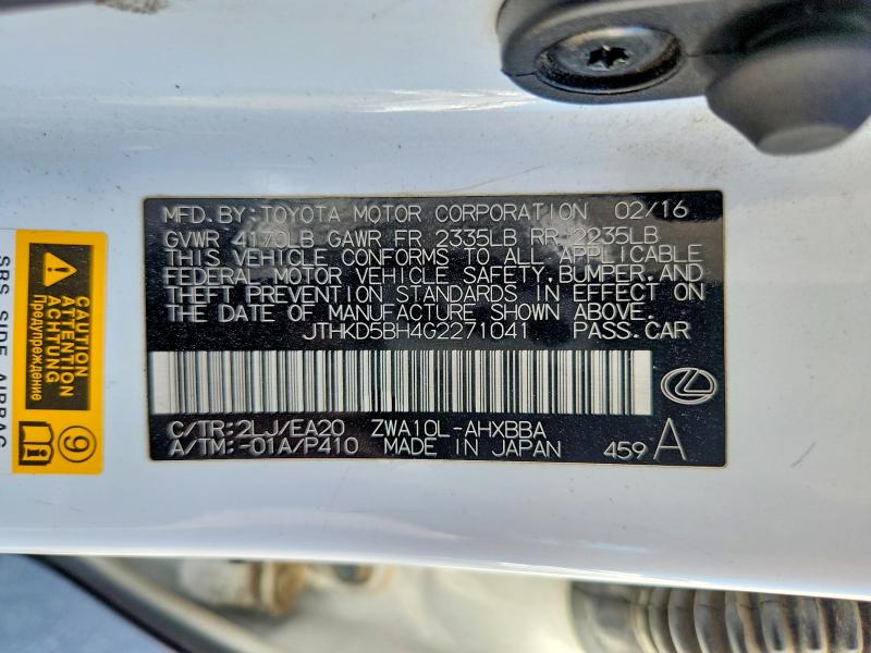 59999316 :رقم المزاد ، JTHKD5BH4G2271041 vin ، 2016 Lexus Ct مزاد بيع