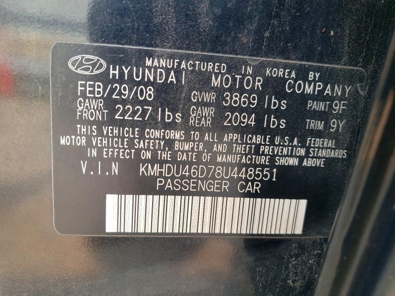 2008 Hyundai Elantra მანქანა იყიდება აუქციონზე, vin: KMHDU46D78U448551, აუქციონის ნომერი: 60200626