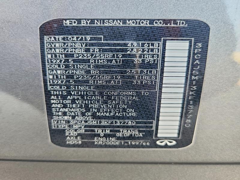 61686906 :رقم المزاد ، 3PCAJ5M13KF137780 vin ، 2019 Infiniti Qx50 مزاد بيع