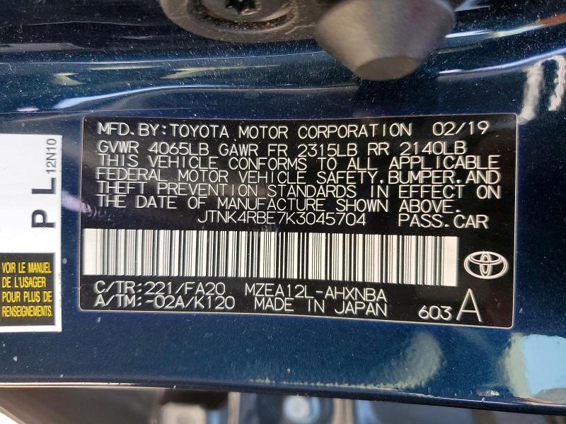 Продаж на аукціоні авто 2019 Toyota Corolla Hatchback, vin: JTNK4RBE7K3045704, номер лоту: 62437386
