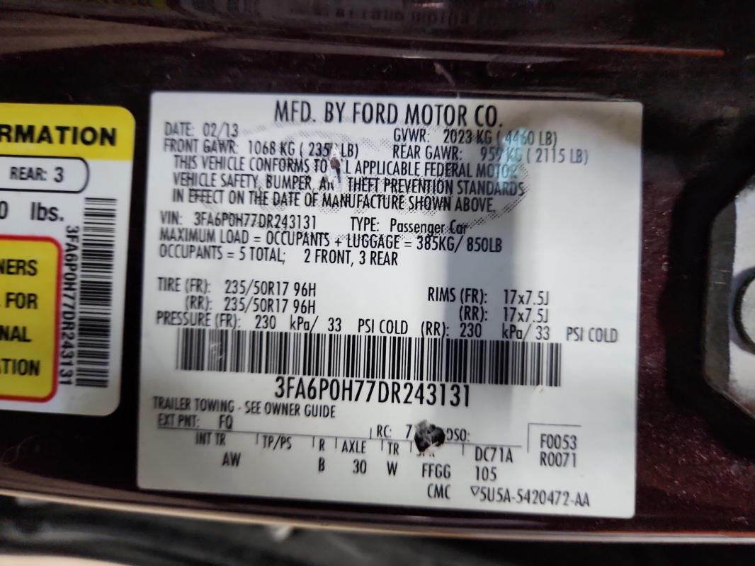 Aukcja sprzedaży 2013 Ford Fusion Se 4d Sedan, vin: 3FA6P0H77DR243131, numer aukcji: 58967006