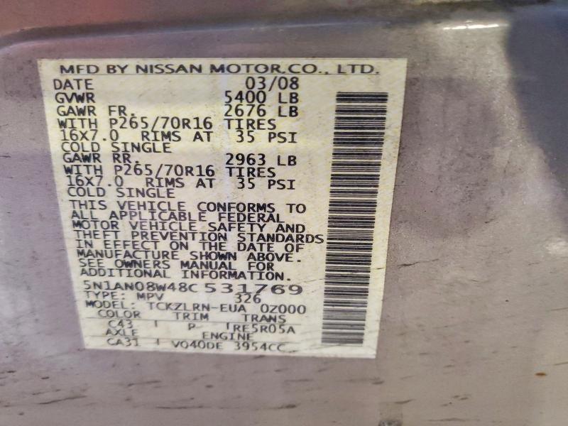59711056 :رقم المزاد ، 5N1AN08W48C531769 vin ، 2008 Nissan Xterra مزاد بيع