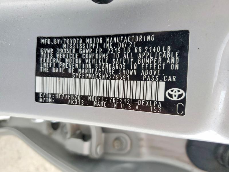 Aukcja sprzedaży 2022 Toyota Corolla, vin: 5YFEPMAE5NP279591, numer aukcji: 59709346