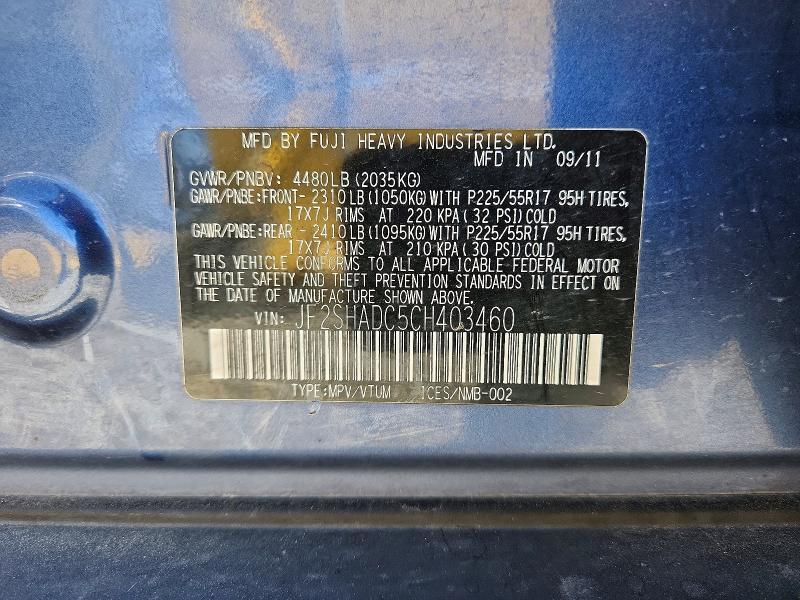 2012 Subaru Forester მანქანა იყიდება აუქციონზე, vin: JF2SHADC5CH403460, აუქციონის ნომერი: 61563006