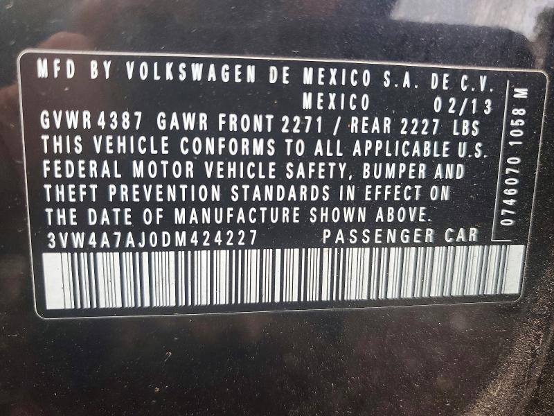 61970556 :رقم المزاد ، 3VW4A7AJ0DM424227 vin ، 2013 Volkswagen Jetta مزاد بيع