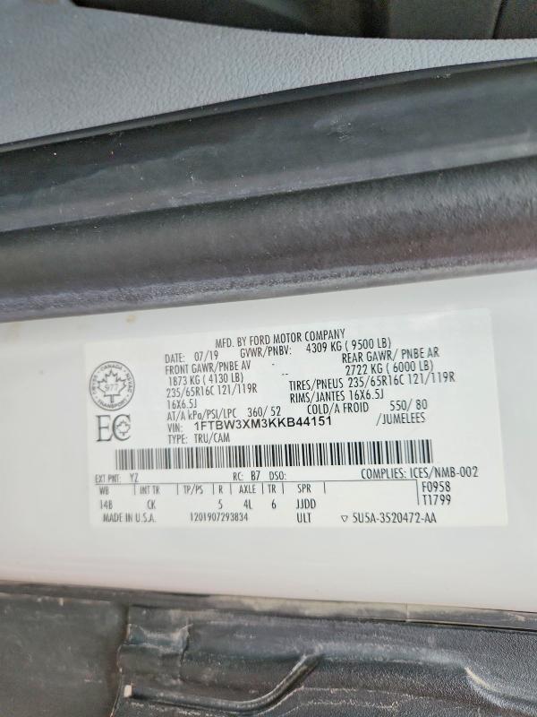 2019 Ford Transit მანქანა იყიდება აუქციონზე, vin: 1FTBW3XM3KKB44151, აუქციონის ნომერი: 61643256