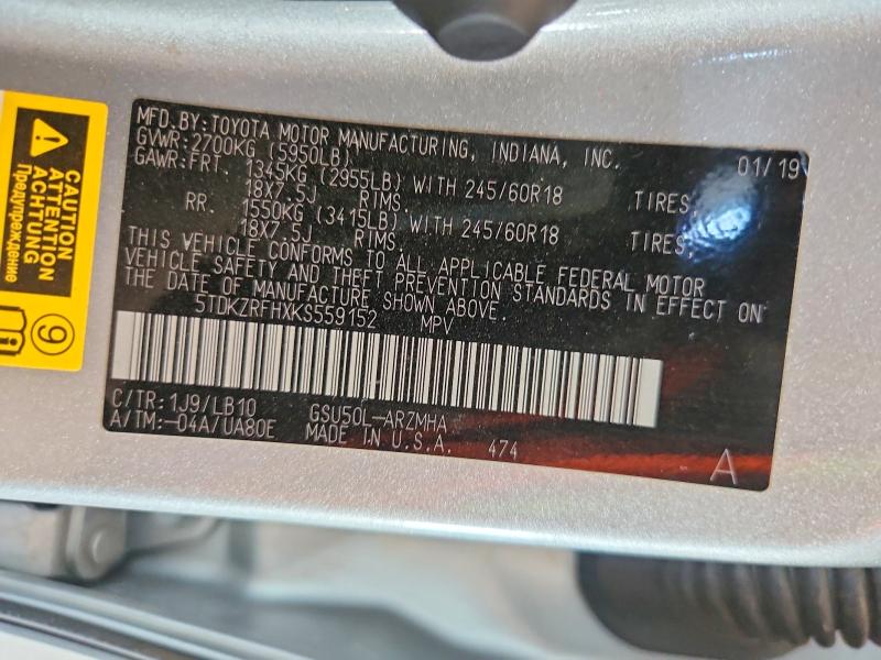 Aukcja sprzedaży 2019 Toyota Highlander, vin: 5TDKZRFHXKS559152, numer aukcji: 62909236