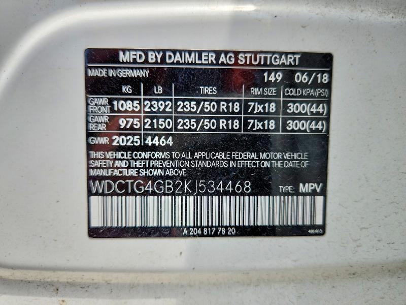 Продажа на аукционе авто 2019 Mercedes-benz Gla, vin: WDCTG4GB2KJ534468, номер лота: 60312466