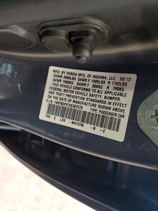 Продаж на аукціоні авто 2012 Honda Civic, vin: 19XFB2F57CE387578, номер лоту: 59350706