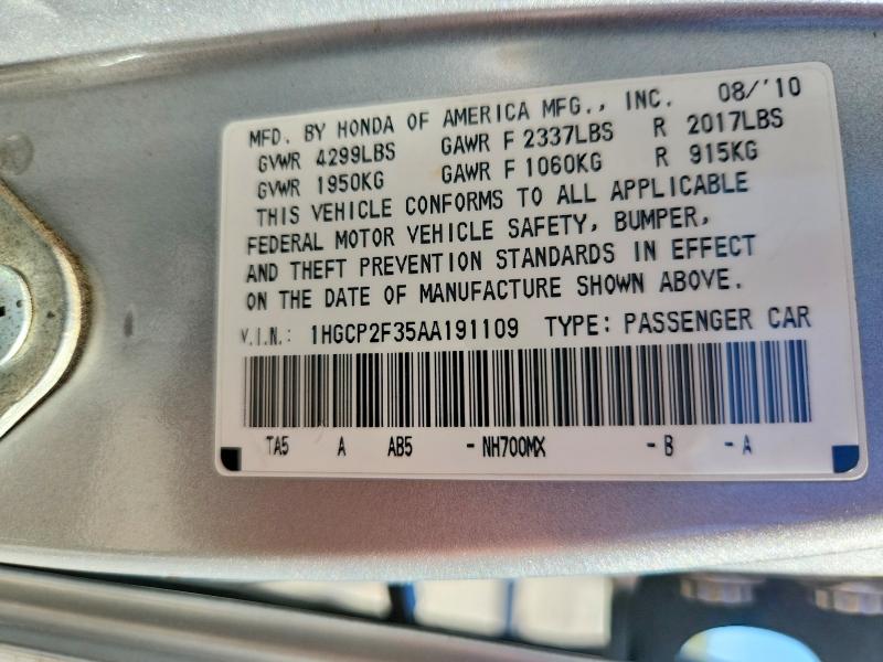 63192206 :رقم المزاد ، 1HGCP2F35AA191109 vin ، 2010 Honda Accord مزاد بيع