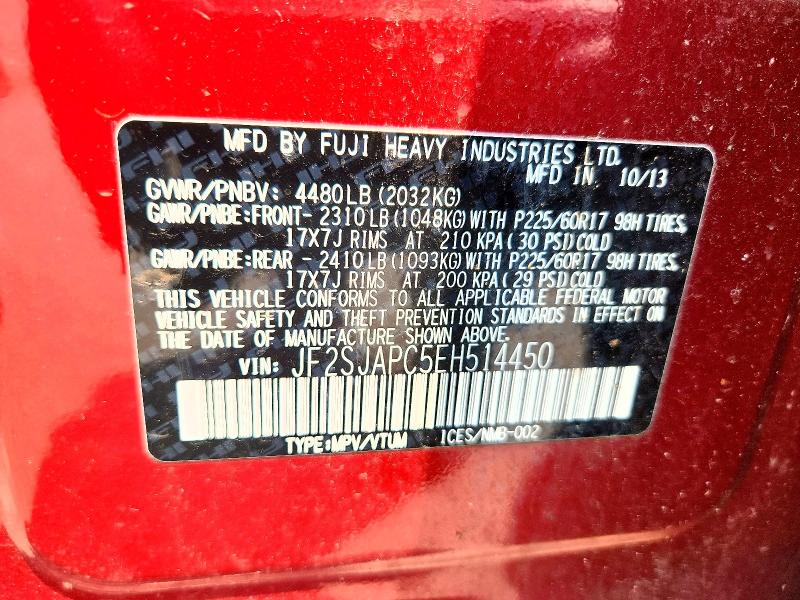 2014 Subaru Forester მანქანა იყიდება აუქციონზე, vin: JF2SJAPC5EH514450, აუქციონის ნომერი: 60663446