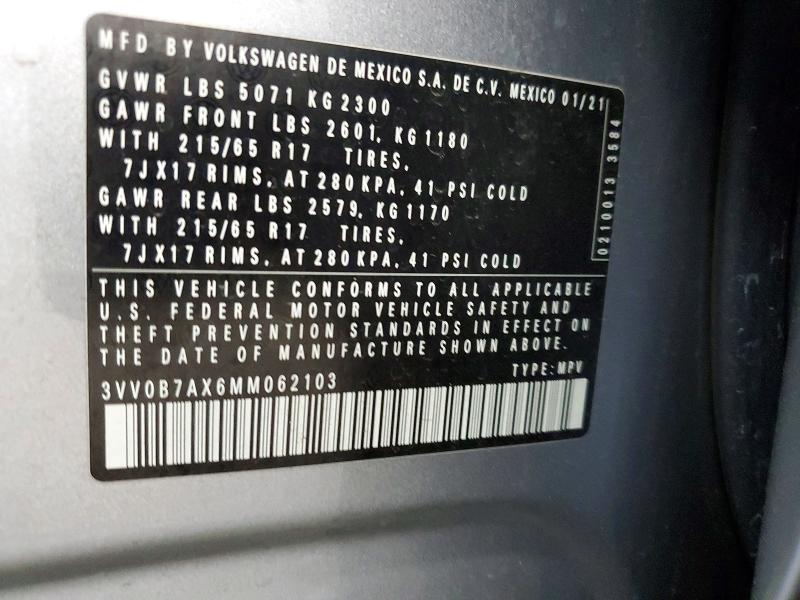 60567716 :رقم المزاد ، 3VV0B7AX6MM062103 vin ، 2021 Volkswagen Tiguan مزاد بيع