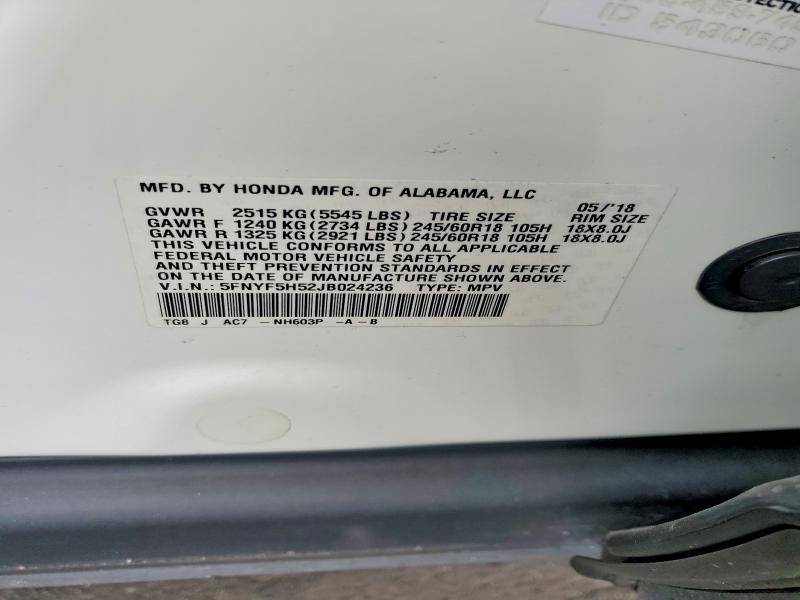 2018 Honda Pilot მანქანა იყიდება აუქციონზე, vin: 5FNYF5H52JB024236, აუქციონის ნომერი: 59393436