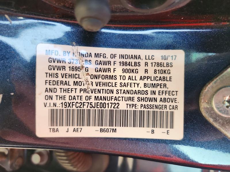 2018 Honda Civic მანქანა იყიდება აუქციონზე, vin: 19XFC2F75JE001722, აუქციონის ნომერი: 62351496