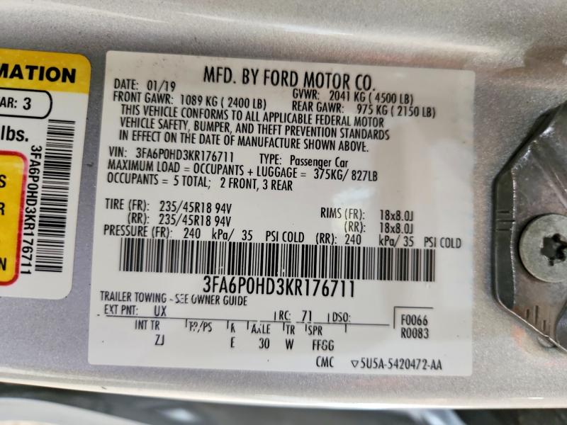 60711176 :رقم المزاد ، 3FA6P0HD3KR176711 vin ، 2019 Ford Fusion مزاد بيع
