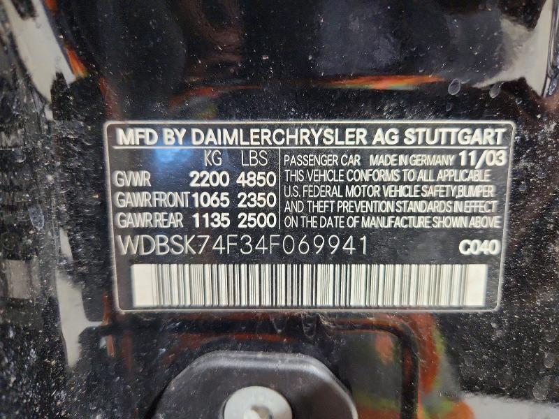 2004 Mercedes-benz Sl მანქანა იყიდება აუქციონზე, vin: WDBSK74F34F069941, აუქციონის ნომერი: 62307906