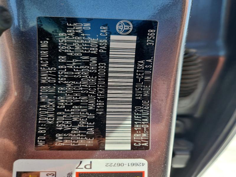 2015 Toyota Camry მანქანა იყიდება აუქციონზე, vin: 4T1BF1FK7FU110093, აუქციონის ნომერი: 60521416