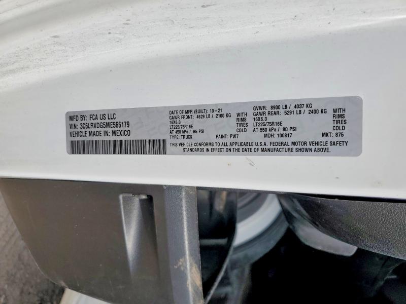 2021 Ram Promaster 2500 მანქანა იყიდება აუქციონზე, vin: 3C6LRVDG5ME566179, აუქციონის ნომერი: 58882686