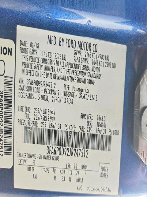 Aukcja sprzedaży 2018 Ford Fusion, vin: 3FA6P0D92JR247512, numer aukcji: 59773066